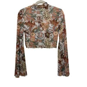 Fairycore Y2K Sheer Mesh Floral Crop Top Medium Boho Bell Sleeve Mock Neck